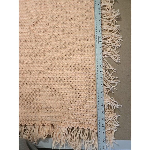 Peach Crocheted Blanket Throw with Fringe Accent Square Shape Handmade 34" x 22" - Picture 2 of 5